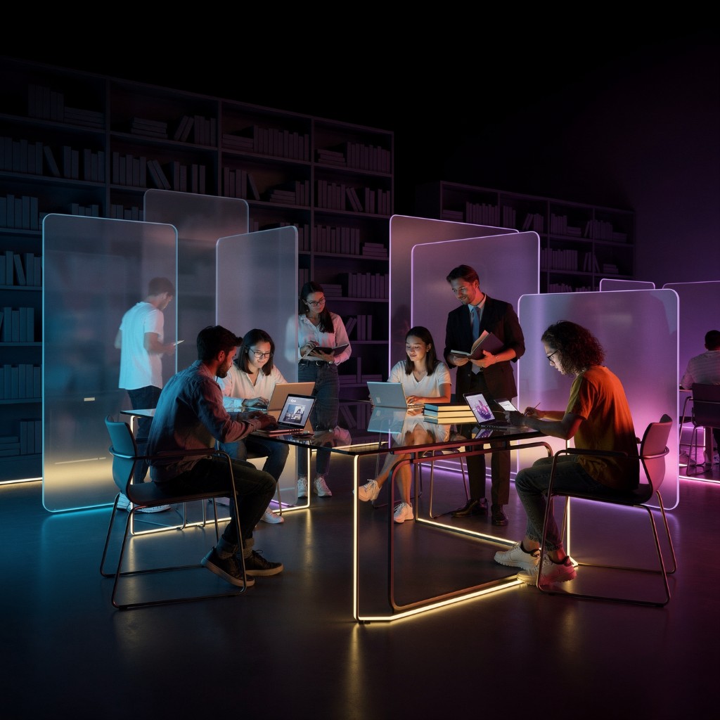 Futuristic university collaboration scene