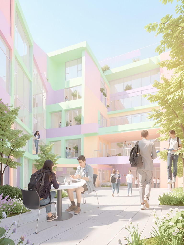 Pastel educational campus exterior